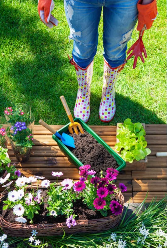 Bild på en person stående med trädgårdshandskar, stövlar och trädgårdsspade framför ett planteringsbord