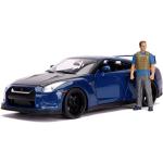 Jada Toys Fast & Furious Brian's Nissan Skyline GT-R R35, ljus, bil, tuning-modell, skala 1:18, med spoiler, öppningsbara dörrar, motorhuv och bagageutrymme, inklusive Brian O'Conner figur, blå