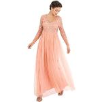 Eleganta Apricot-färgade V-ringade klänningar med paljetter i Storlek 4 XL med V-ringning i Tyll för Damer 