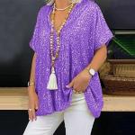 Sommar Violetta Kortärmade Kortärmade blusar med paljetter i Storlek 3 XL med V-ringning i Syntet för Damer 