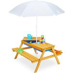 Relaxdays Barnstolsgrupp för utomhusbruk, trädgård picknickbänk med paraply, trä, sand och vattenlekbord för barn, natur, 49 x 86 x 92,5 cm