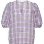 Seersucker Check V-Neck Blouse Tops Blouses Short-sleeved Purple Ganni