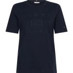 Ekologiska Blåa Kortärmade Kortärmade T-shirts med broderi från Tommy Hilfiger på rea i Storlek L för Damer 