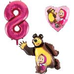 Uppsättning av 3 Masha och björnen folieballonger – nummerballong 8 rosa – Happy Birthday-ballonger – helium luftlämplig