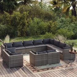 vidaXL Loungegrupp för trädgården m. dynor 12 delar grå konstrotting